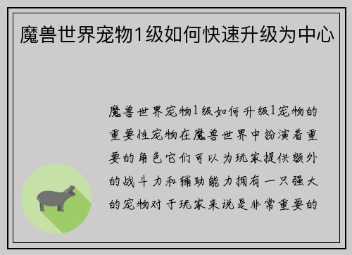 魔兽世界宠物1级如何快速升级为中心